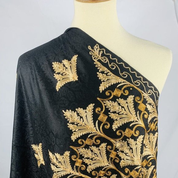 Women Lady Wrap Shawl Scarf Throw Gold Embroidered Flowers Work 28x83 India - Picture 4 of 4